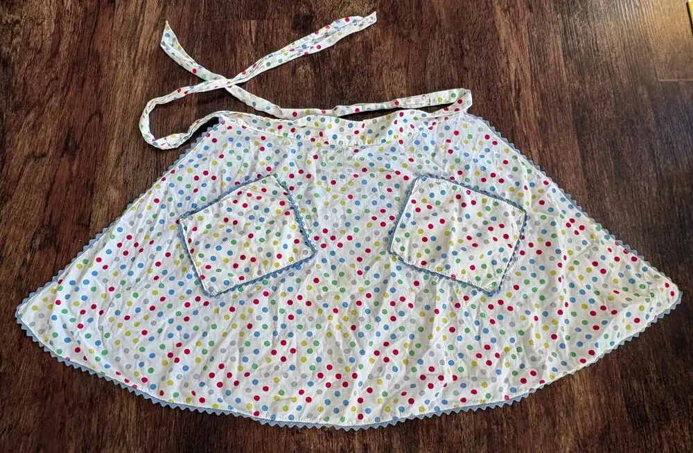 Vintage Kids Polka Dot Apron Blue Trim Retro Child Play Cooking Smock Crafts 70s